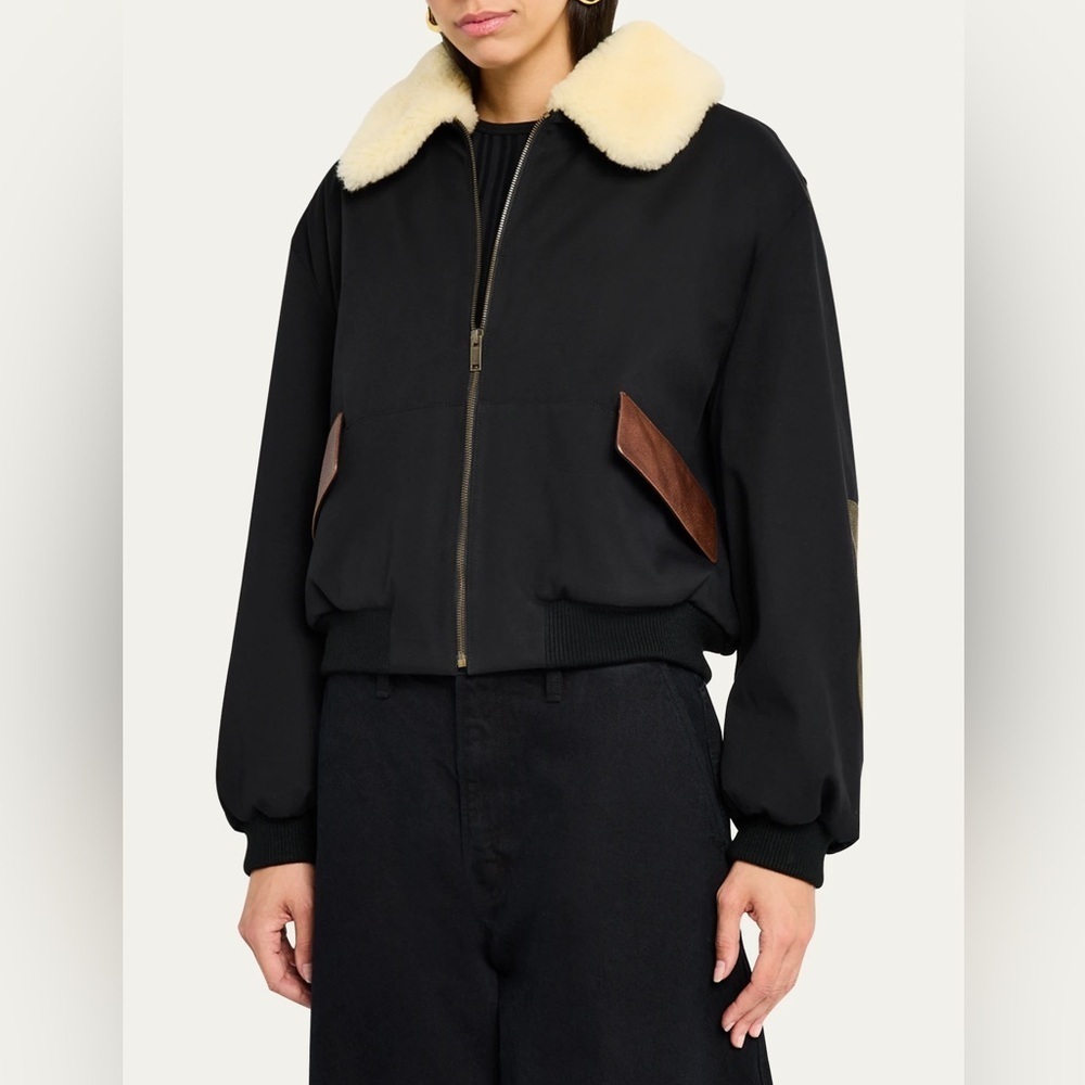 FRAME Luxury Shearling Leather Bomber Jacket - Picture 3 of 15